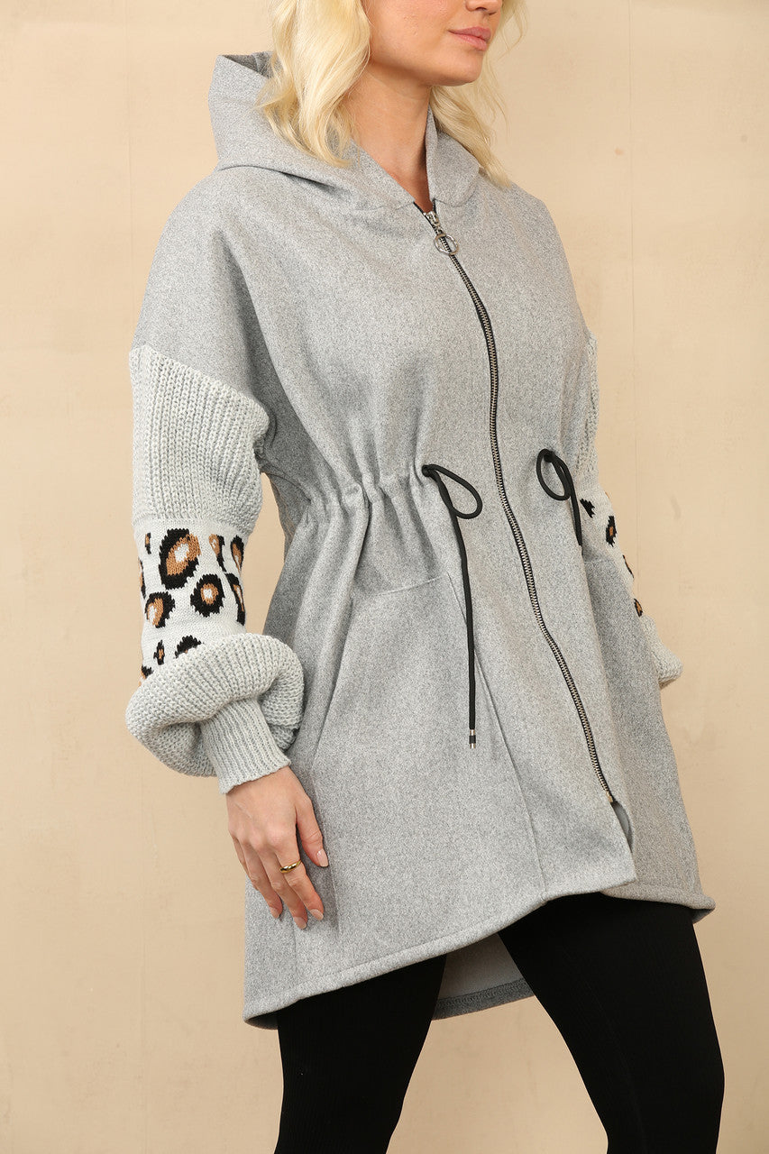 GEBREID HOODIEJACK MET LEOPARDPRINT EN MOUWEN GRIJS