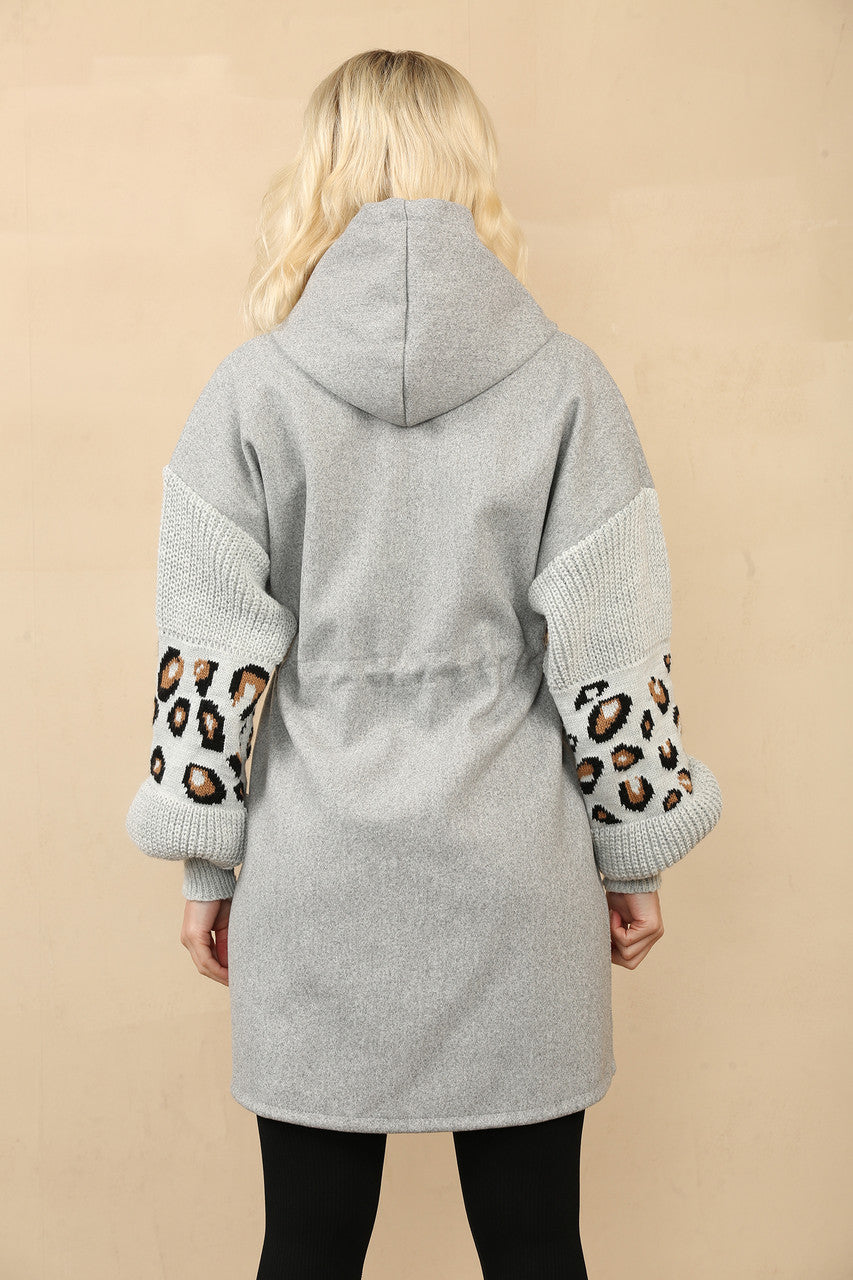 GEBREID HOODIEJACK MET LEOPARDPRINT EN MOUWEN GRIJS
