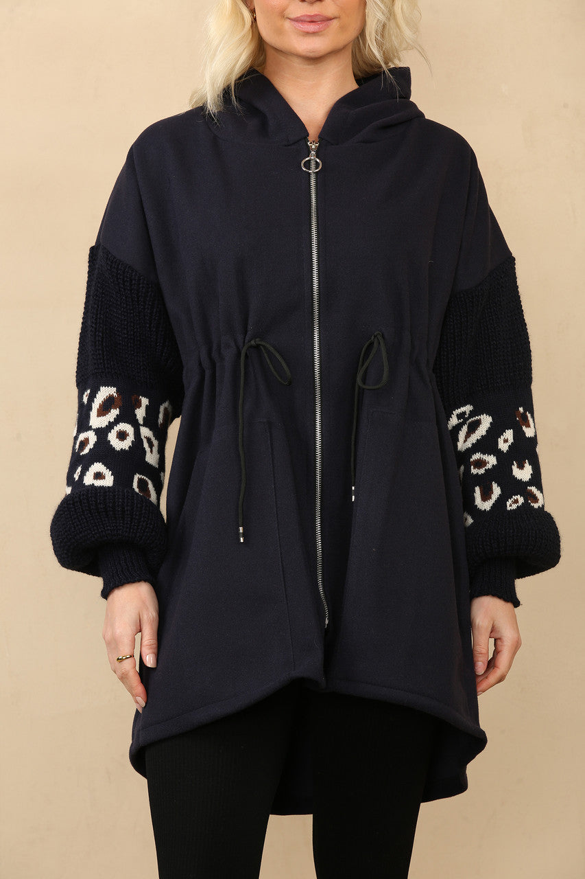 LUIPAARDPRINT GEBREID VEST MET CAPUCHON NAVY
