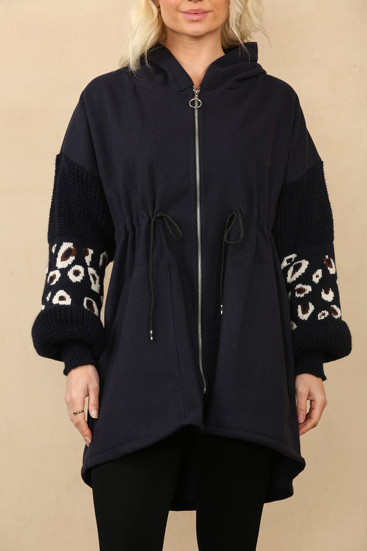 LEOPARD PRINT KNITTED SLEEVE HOODED JACKET NAVY
