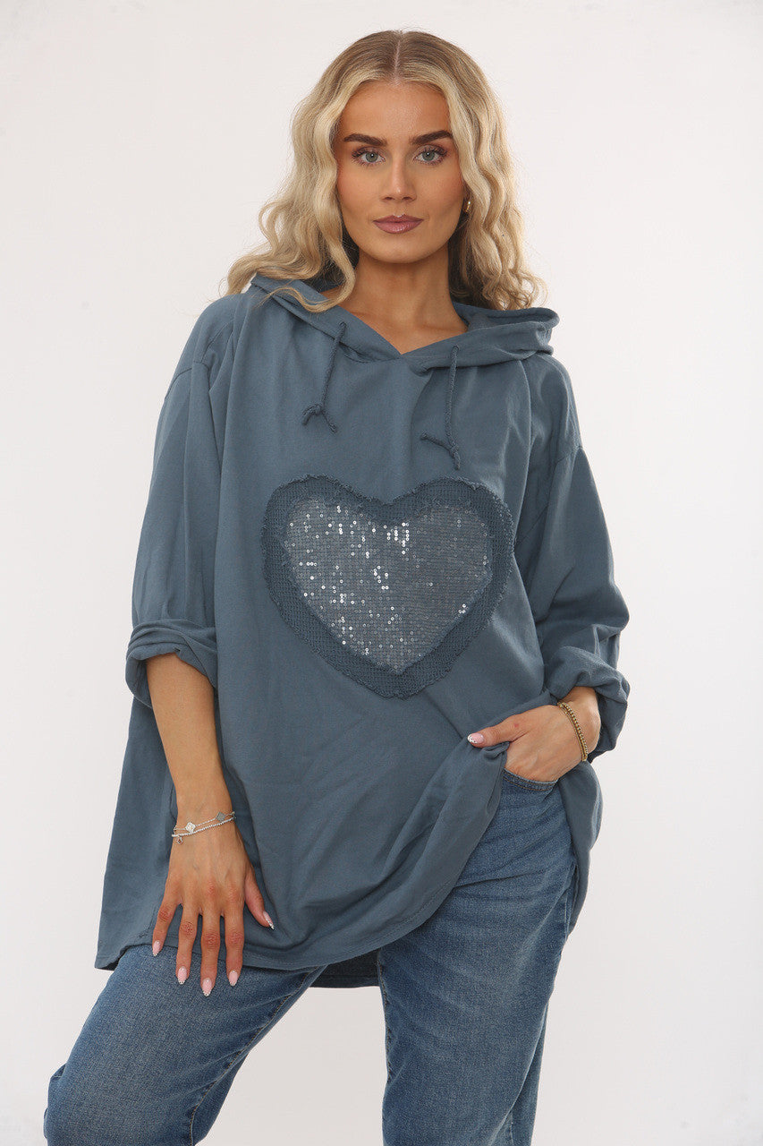SEQUIN HEART HOODED SWEATSHIRT TOP -  DENIM
