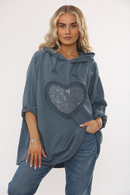 SEQUIN HEART HOODED SWEATSHIRT TOP -  DENIM
