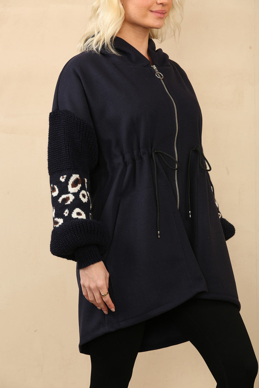 LUIPAARDPRINT GEBREID VEST MET CAPUCHON NAVY