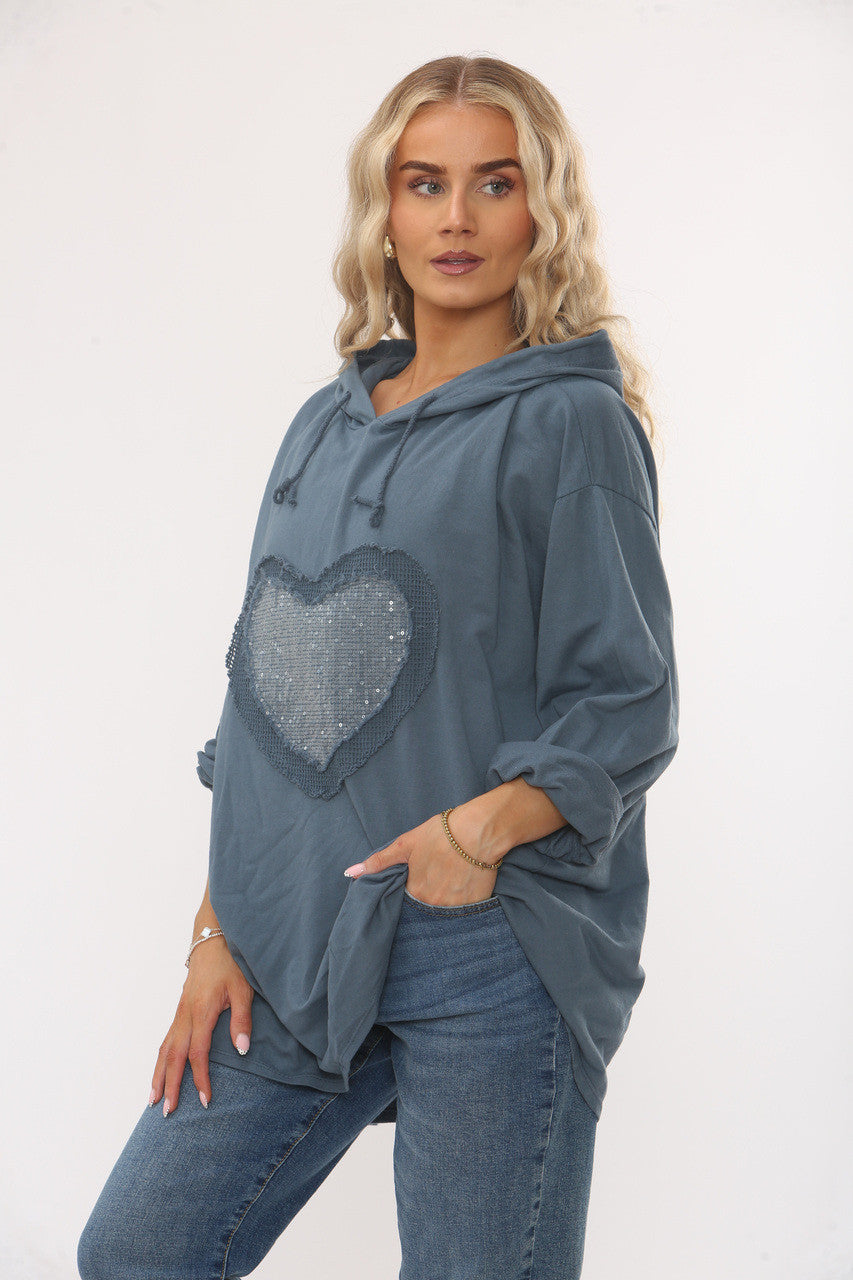 SEQUIN HEART HOODED SWEATSHIRT TOP -  DENIM