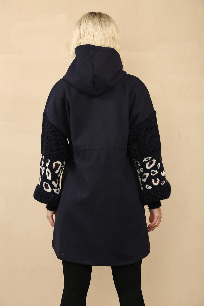 LUIPAARDPRINT GEBREID VEST MET CAPUCHON NAVY