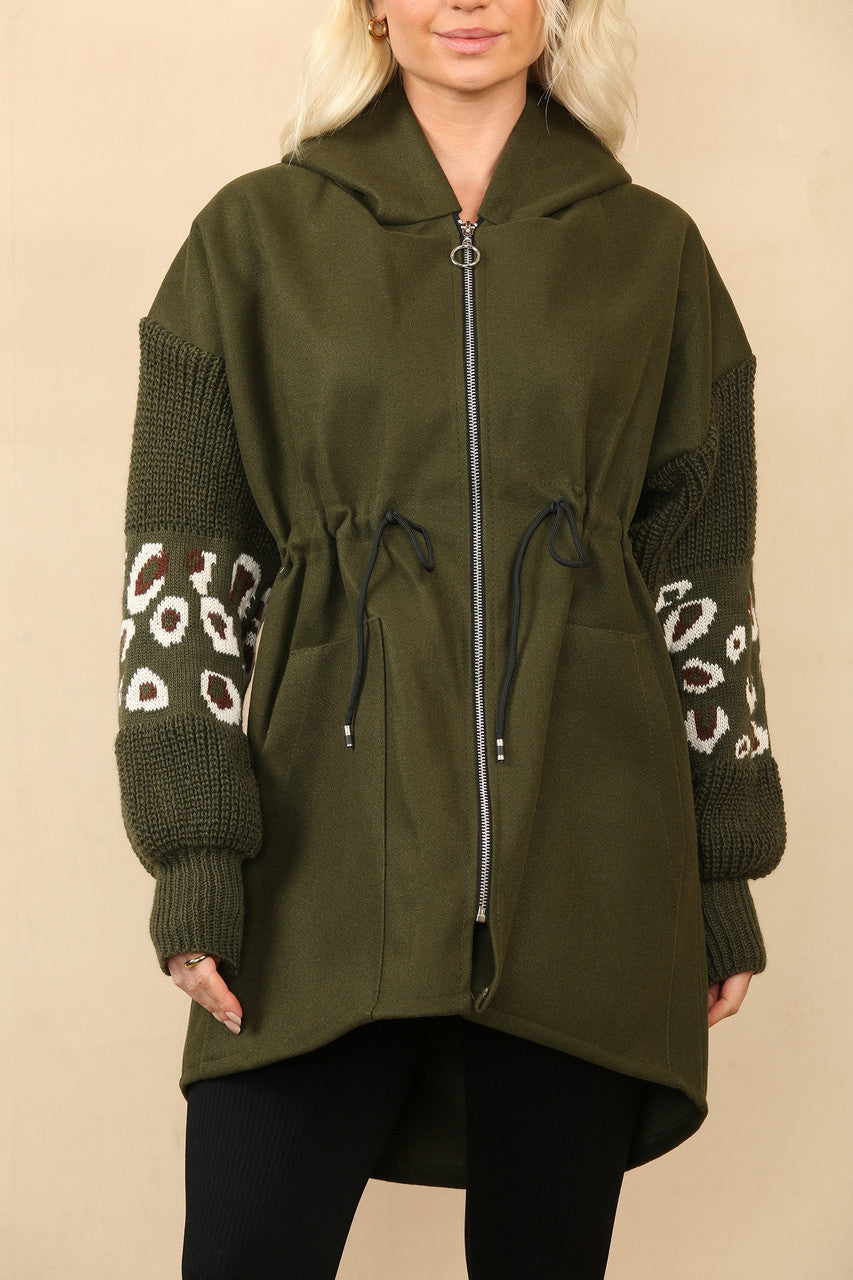 HOODED JACK KAKI MET TRICOTMOUWEN EN LEOPAARDPRINT