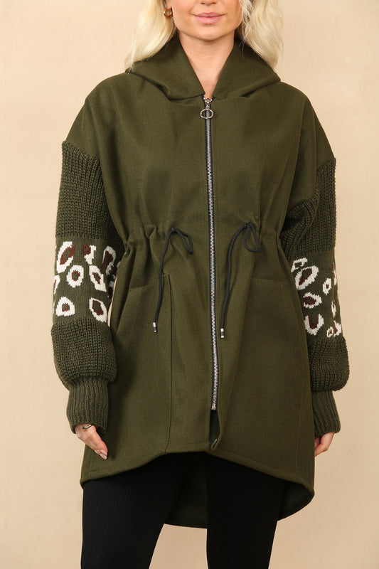 HOODED JACK KAKI MET TRICOTMOUWEN EN LEOPAARDPRINT