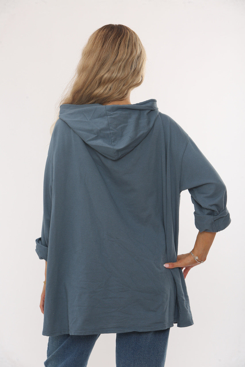 SEQUIN HEART HOODED SWEATSHIRT TOP -  DENIM