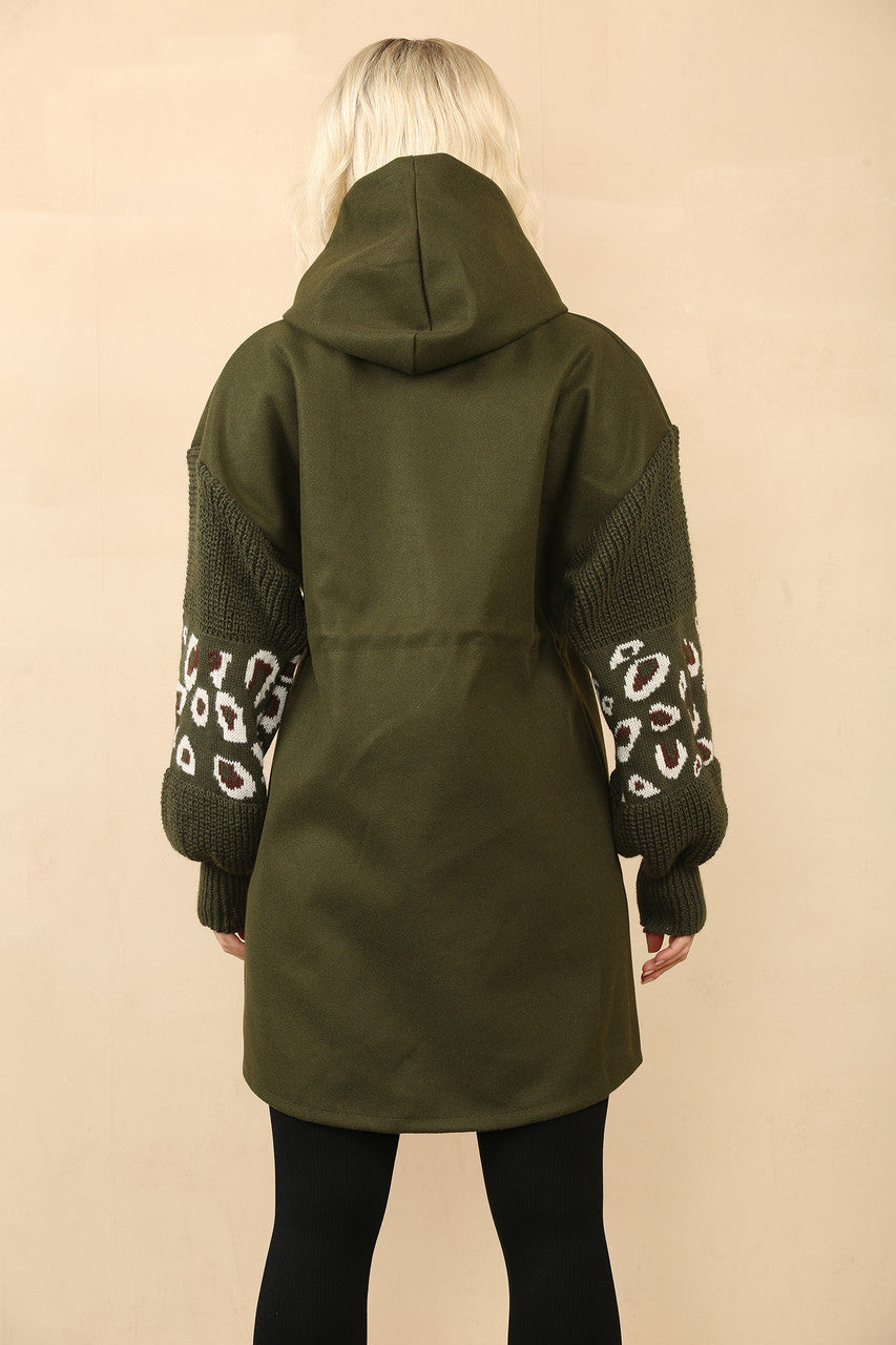 HOODED JACK KAKI MET TRICOTMOUWEN EN LEOPAARDPRINT