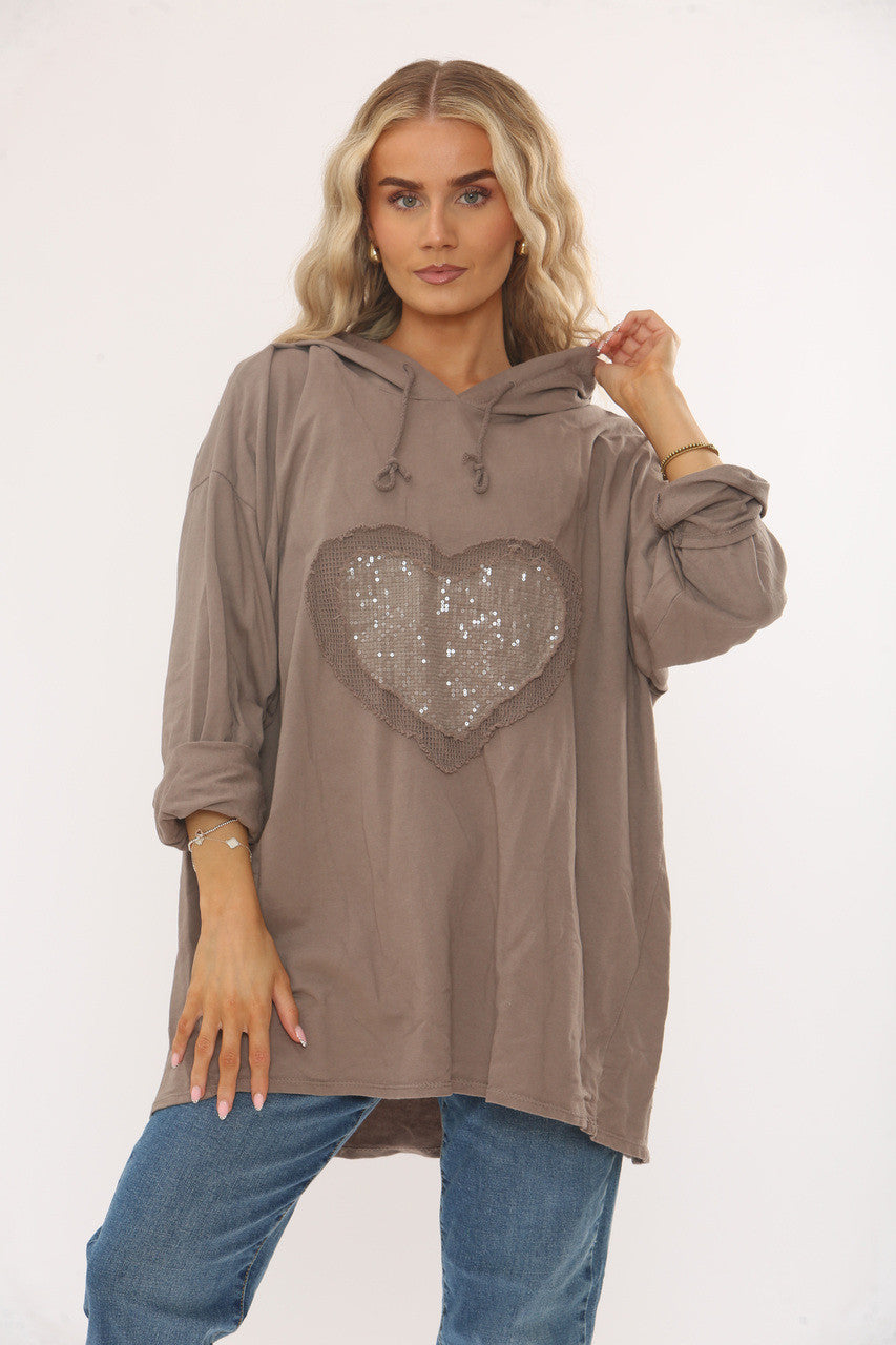 SEQUIN HEART HOODED SWEATSHIRT TOP -  TAUPE