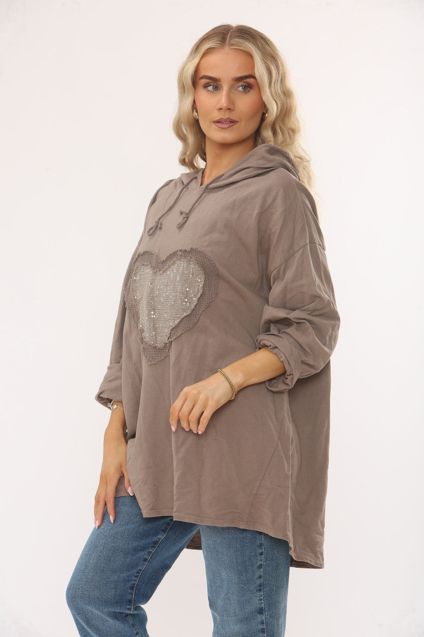 SEQUIN HEART HOODED SWEATSHIRT TOP -  TAUPE