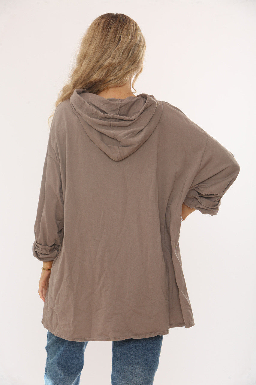 SEQUIN HEART HOODED SWEATSHIRT TOP -  TAUPE