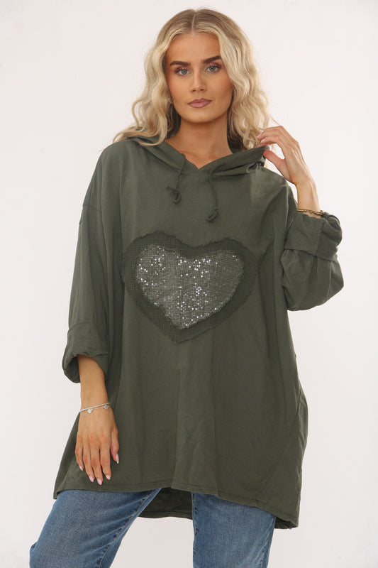 Olive hooded sweatshirt with sequin heart graphic and kangaroo pocket