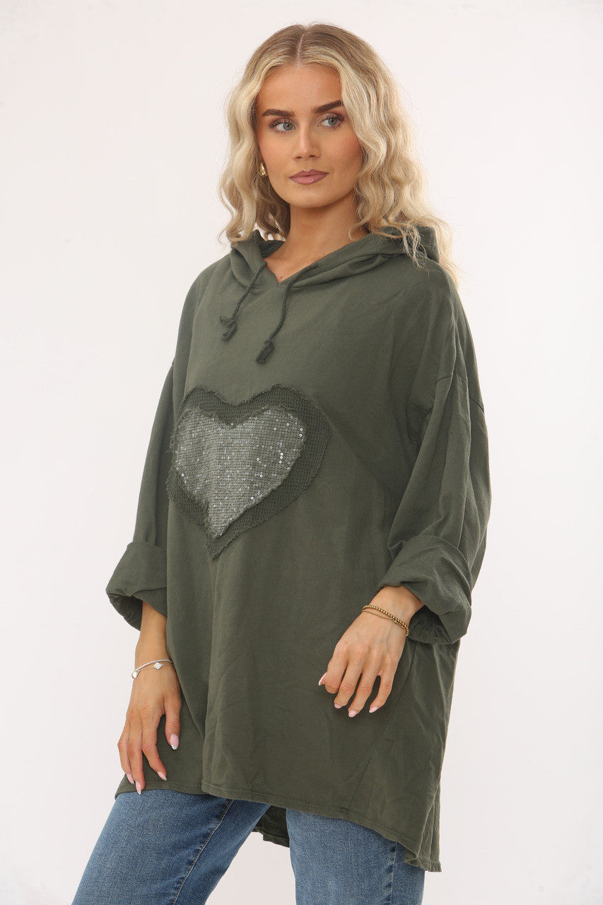 Olive sequin heart hooded sweatshirt with drawstring hood and relaxed fit