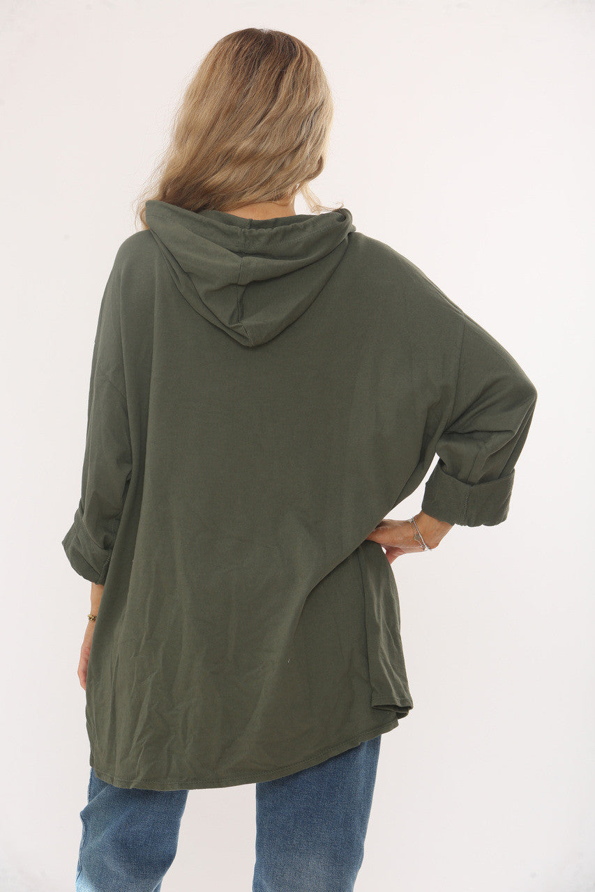 Olive hooded sweatshirt, back view, long sleeves with cuffed hem