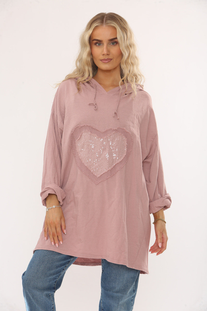 HOODED TRUI MET PAILLETTENHART - STOFROZE