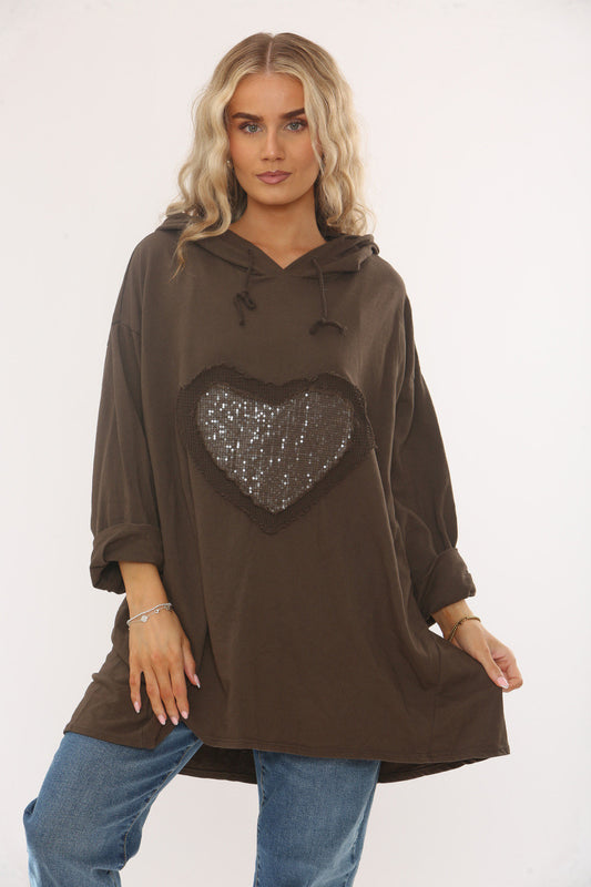 SEQUIN HEART HOODED SWEATSHIRT TOP -  CHOCOLATE