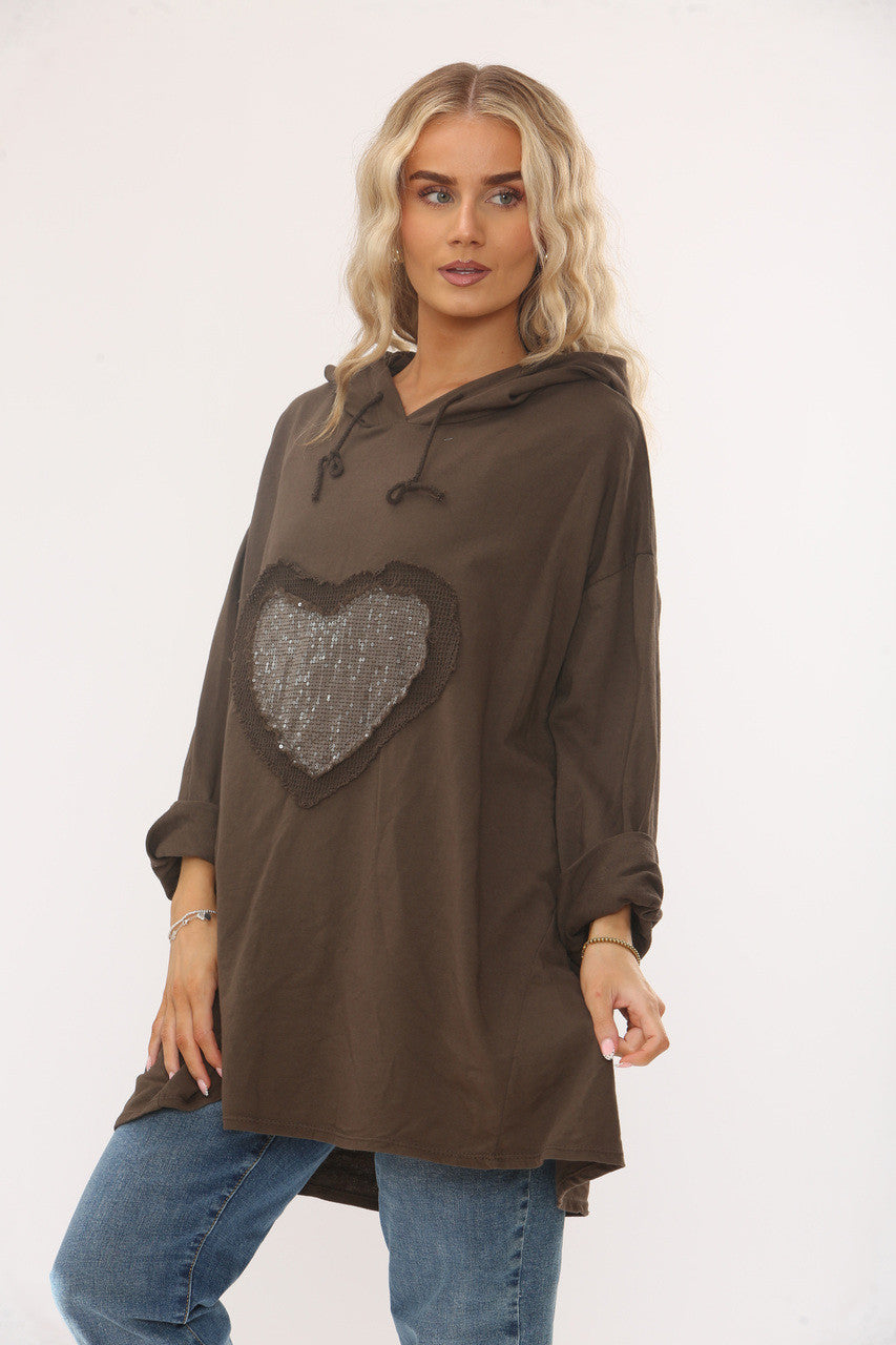 SEQUIN HEART HOODED SWEATSHIRT TOP -  CHOCOLATE