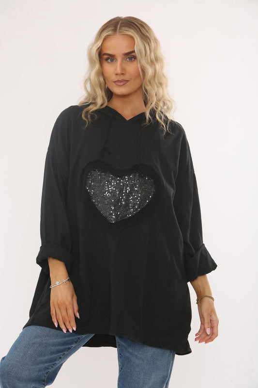 SEQUIN HEART HOODED SWEATSHIRT TOP -  BLACK