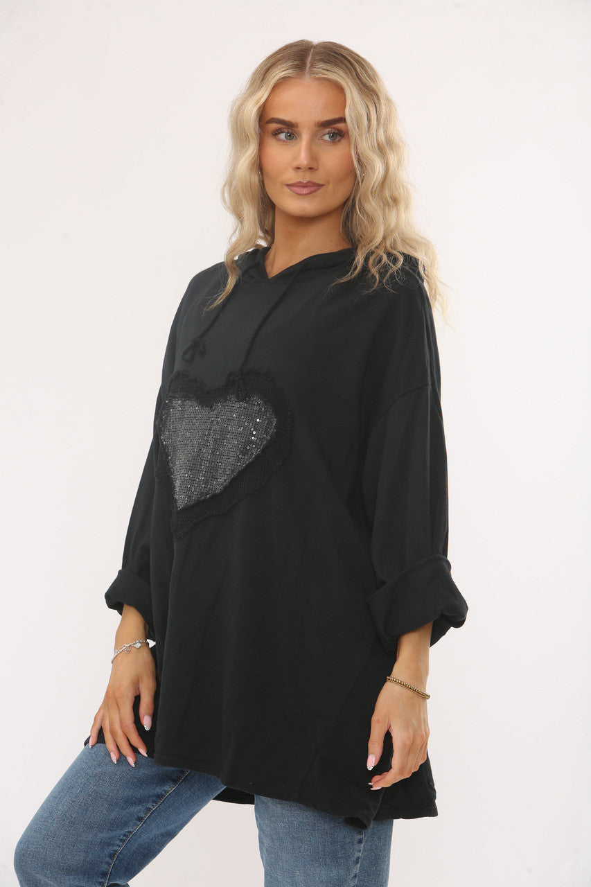 SEQUIN HEART HOODED SWEATSHIRT TOP -  BLACK