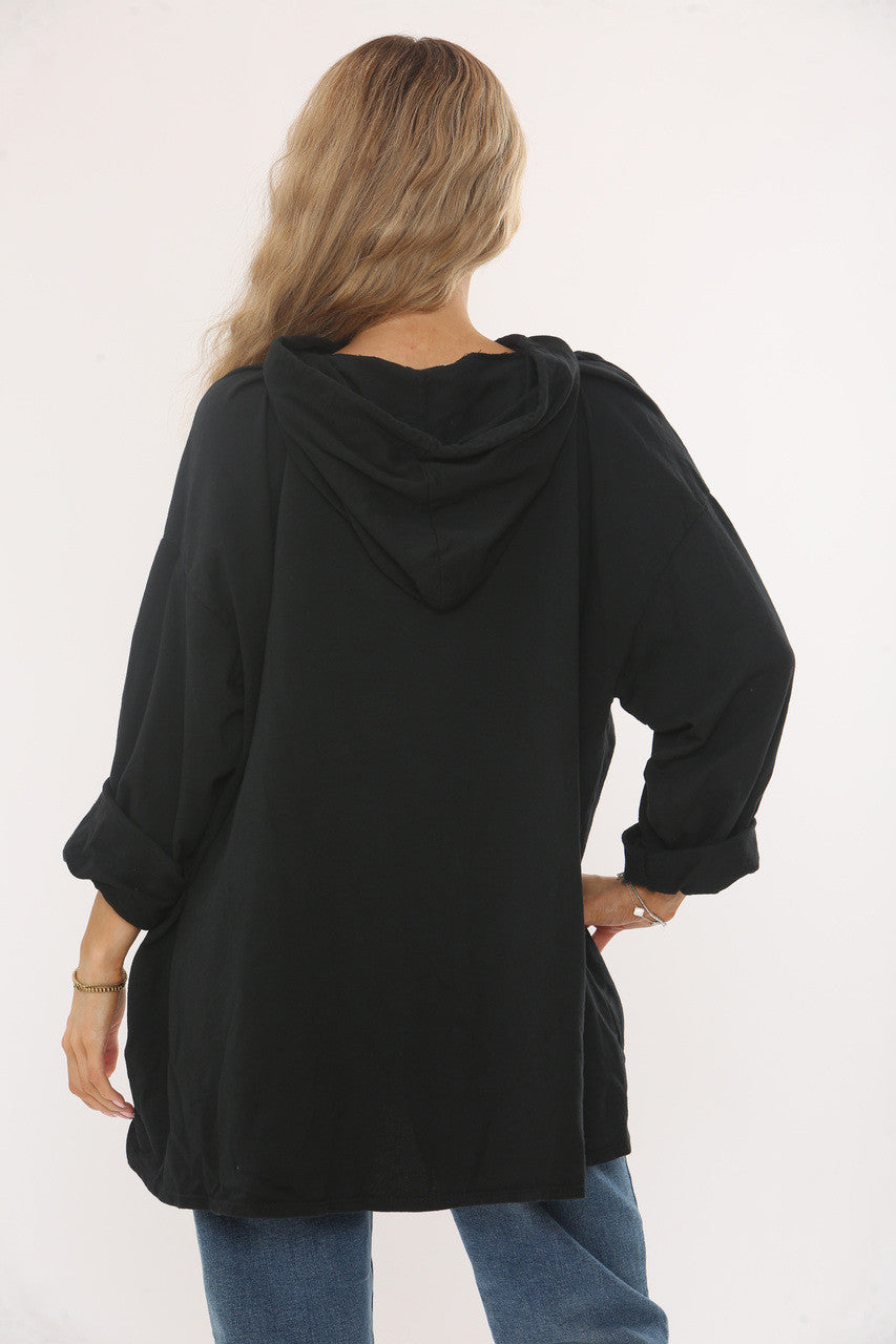 SEQUIN HEART HOODED SWEATSHIRT TOP -  BLACK