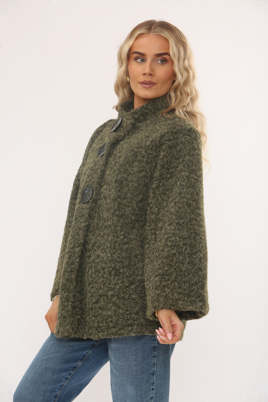 FUNNEL NECK BUTTON CAPE COAT - GREEN