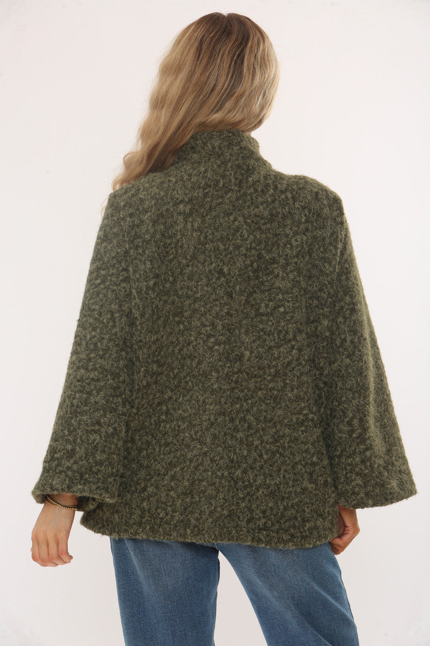 FUNNEL NECK BUTTON CAPE COAT - GREEN