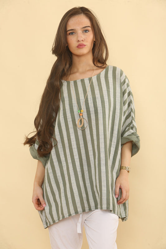 BLOUSE MET VERTICALE STREPEN - KHAKI