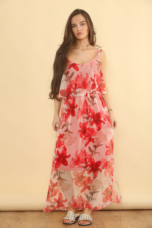 FLOATY TIER FLORAL PRINT SLEEVELESS DRESS - RED