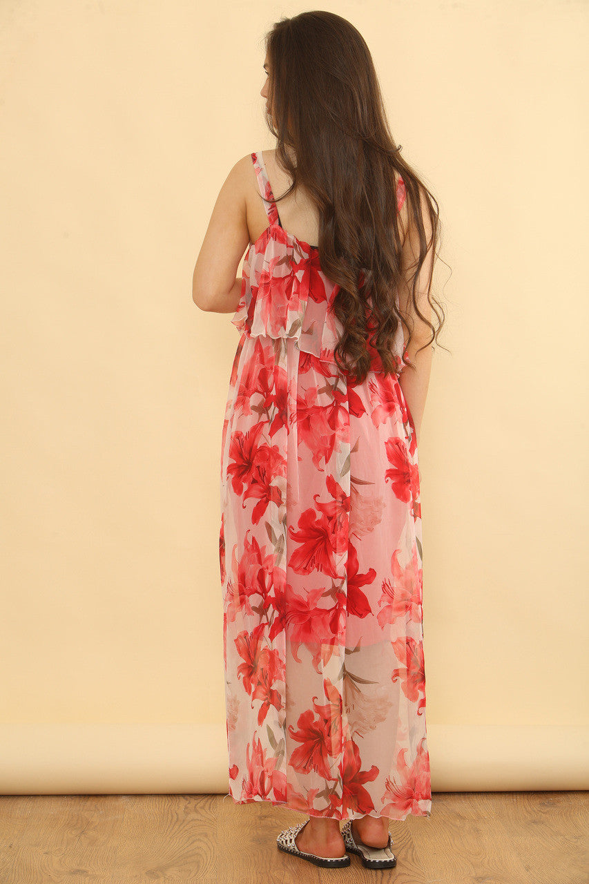 ZWEMMENDE TIER BLOEMIGE PRINTS MOUWLOZE JURK - ROOD