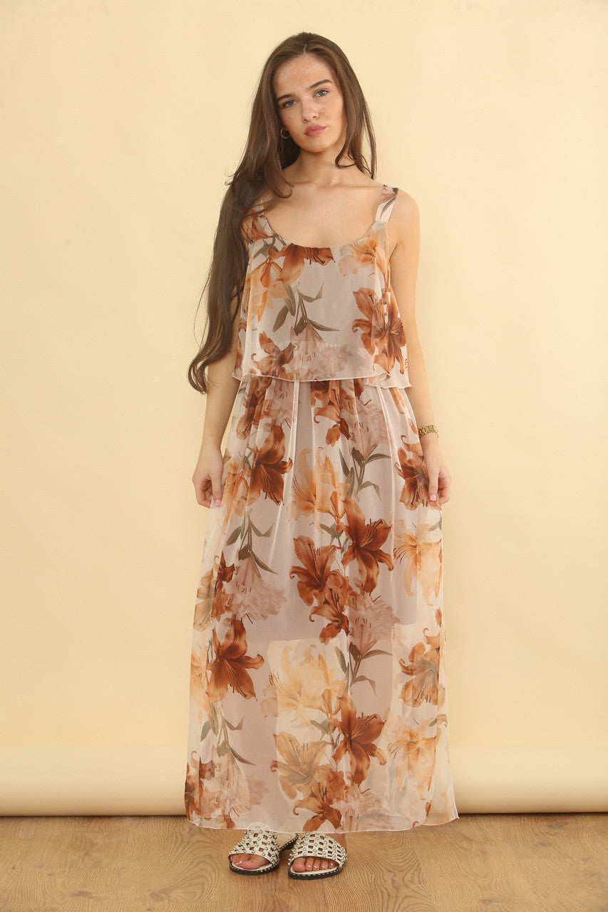 FLOATY JURK ZONDER MOUWEN MET BLOEMENPRINT EN GELAAGDE ROEZELS - BRUIN