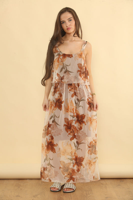 FLOATY TIER FLORAL PRINT SLEEVELESS DRESS - BROWN