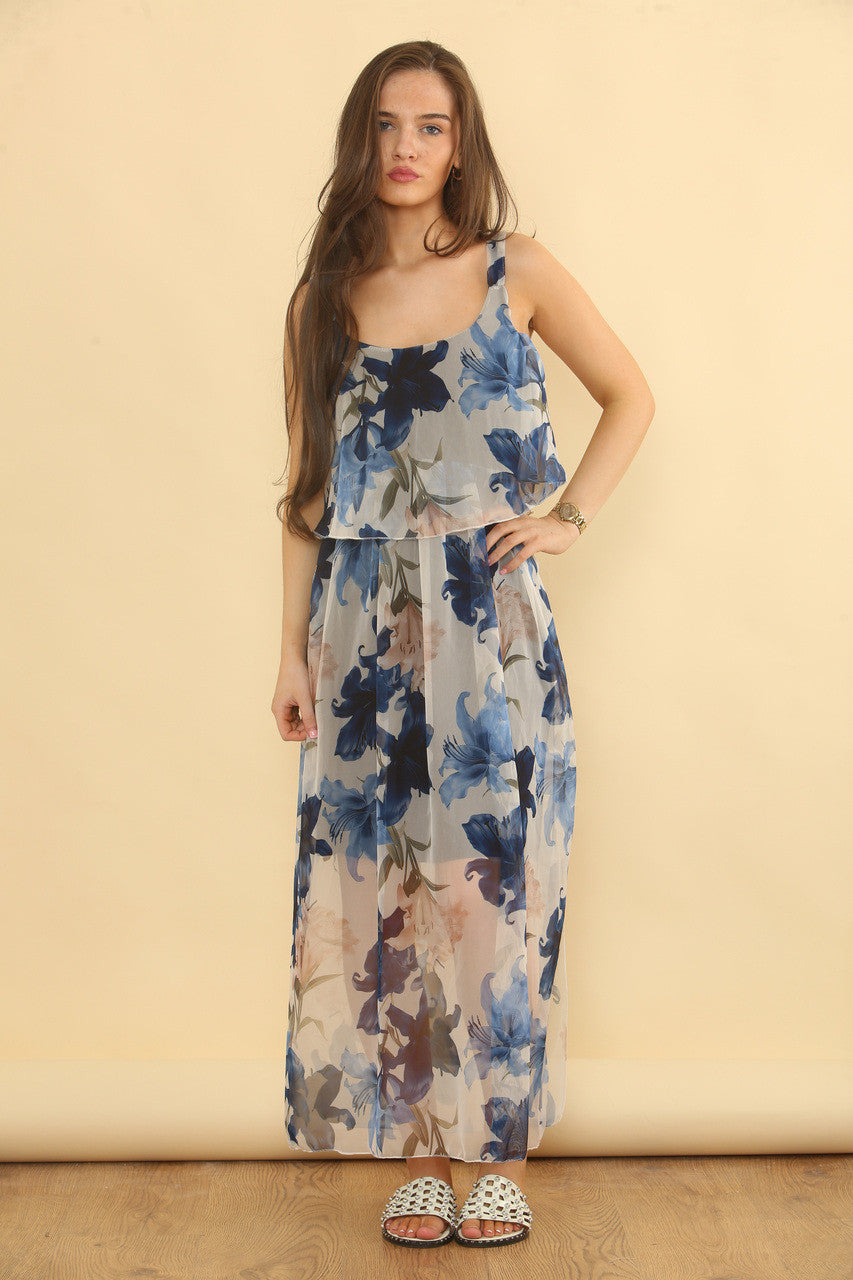 VLIEGENDE JURK ZONDER MOUWEN MET BLOEMENPRINT - MARINEBLAUW
