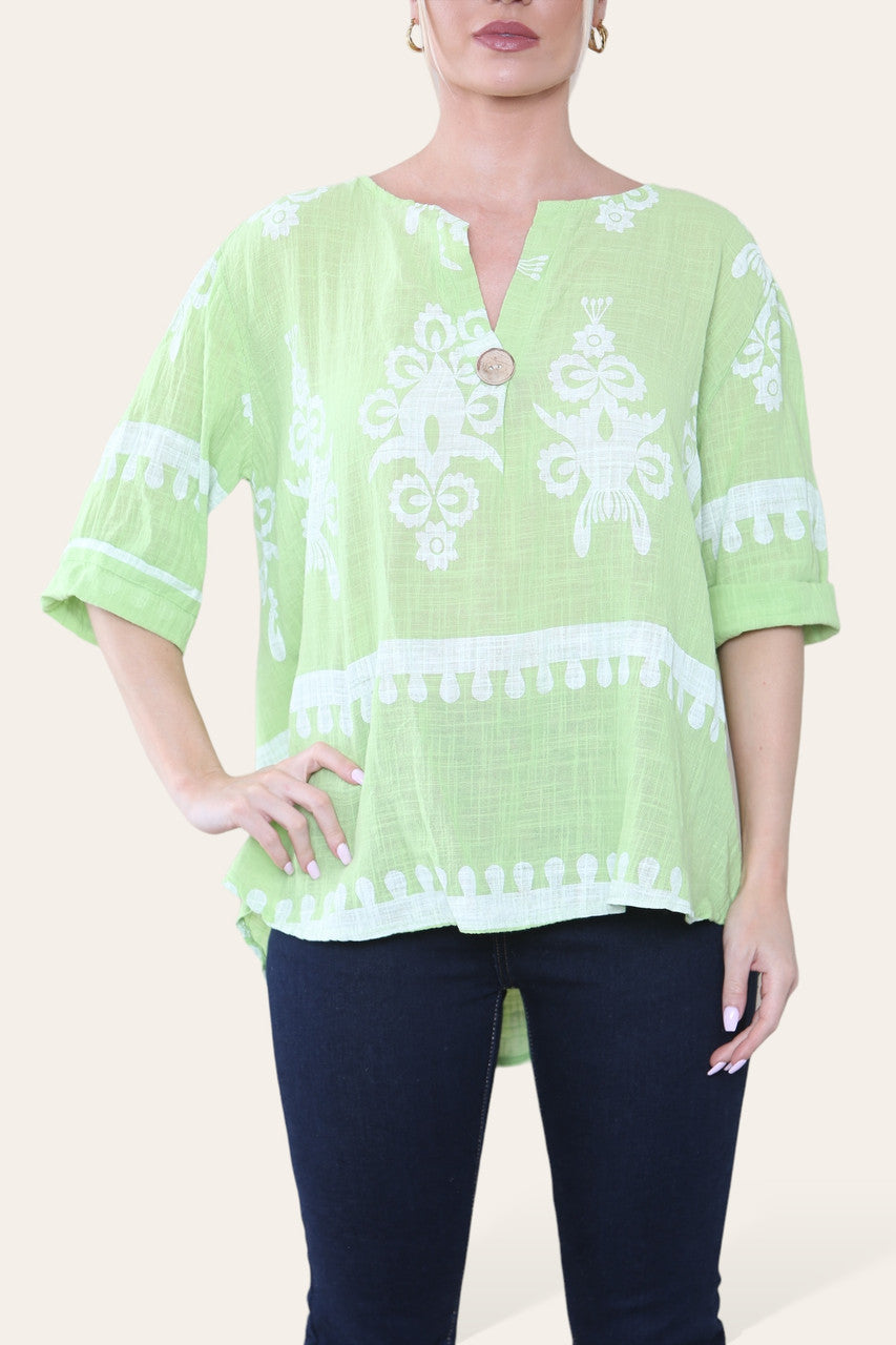 PAISLEY PRINT GRANDAD OVERHEMD MET KRAAG EN KNOPEN LIME