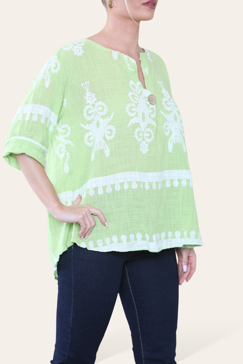 PAISLEY PRINT GRANDAD OVERHEMD MET KRAAG EN KNOPEN LIME