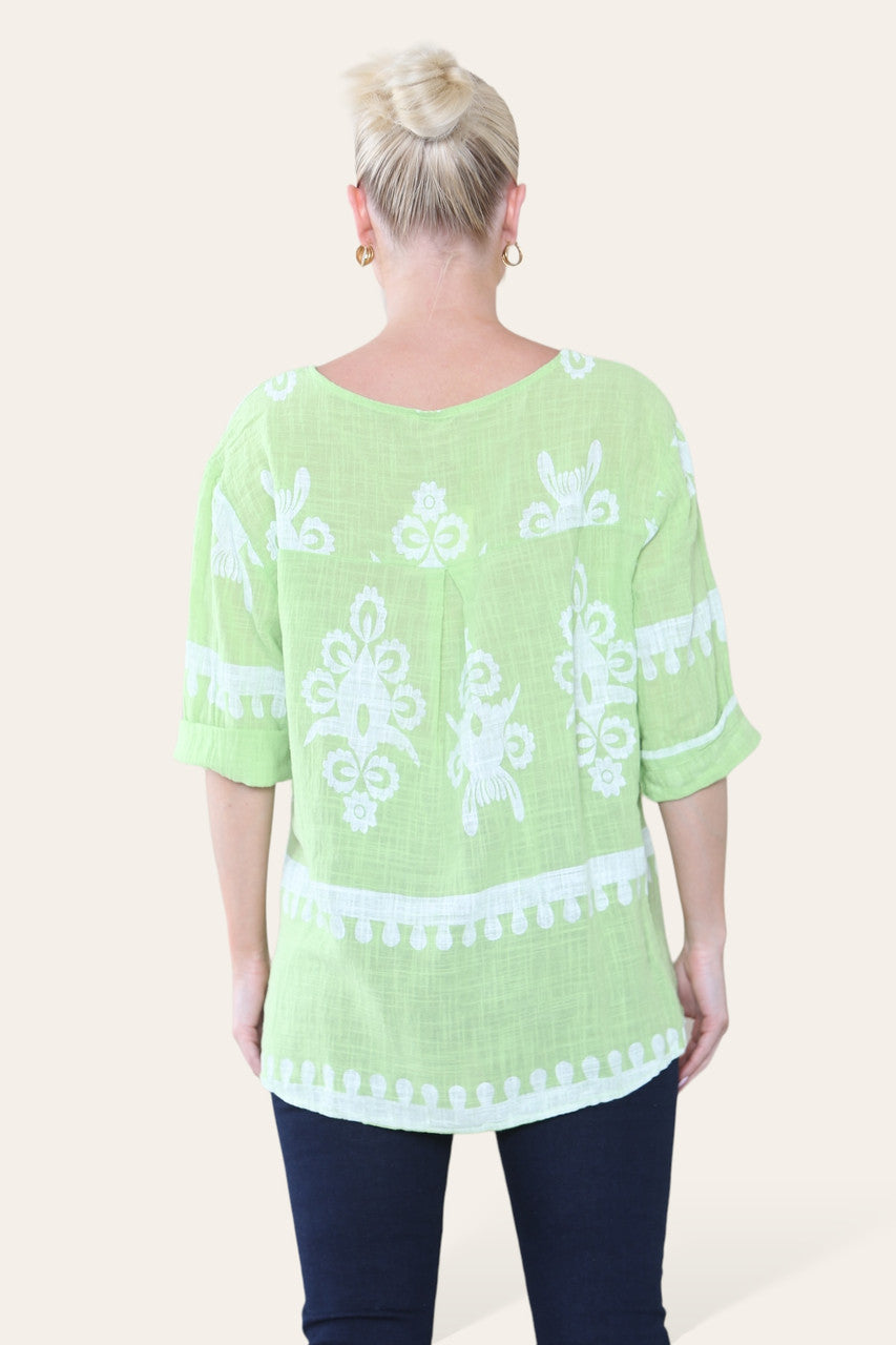 PAISLEY PRINT GRANDAD OVERHEMD MET KRAAG EN KNOPEN LIME