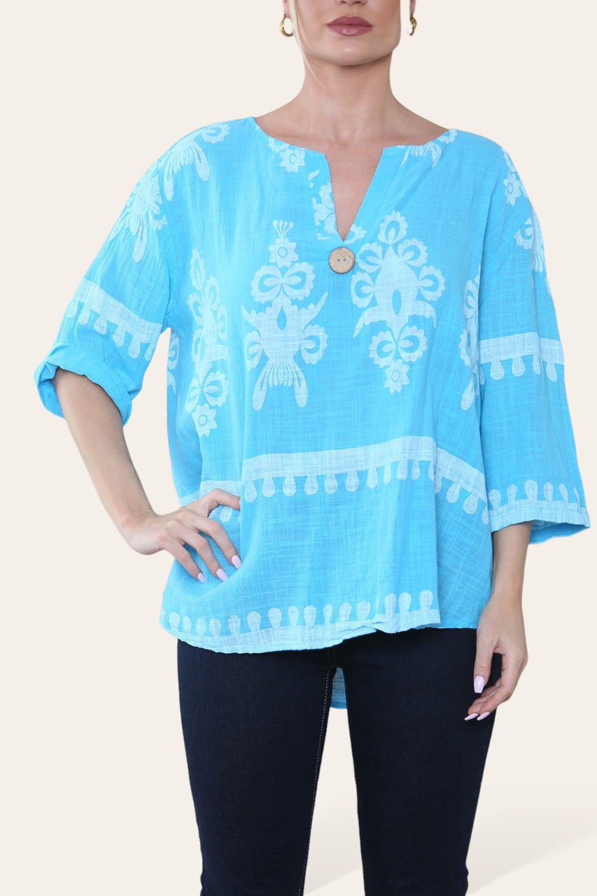 TOP MET PAISLEYPRINT, GRANDAD KRAAG EN KNOPEN TURQUOISE