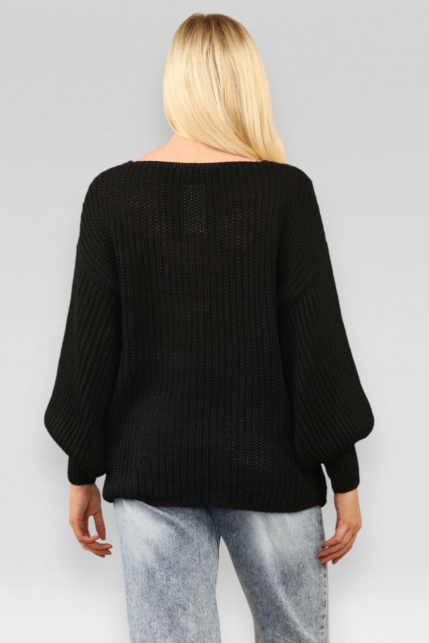 BALLOON SLEEVE CHUNKY KNIT JUMPER BLACK