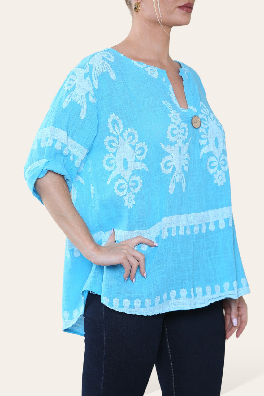 TOP MET PAISLEYPRINT, GRANDAD KRAAG EN KNOPEN TURQUOISE