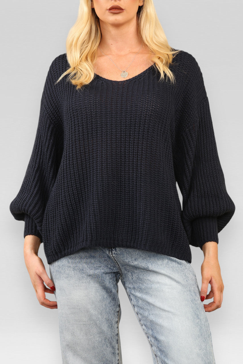 BALLOON SLEEVE CHUNKY KNIT JUMPER NAVY