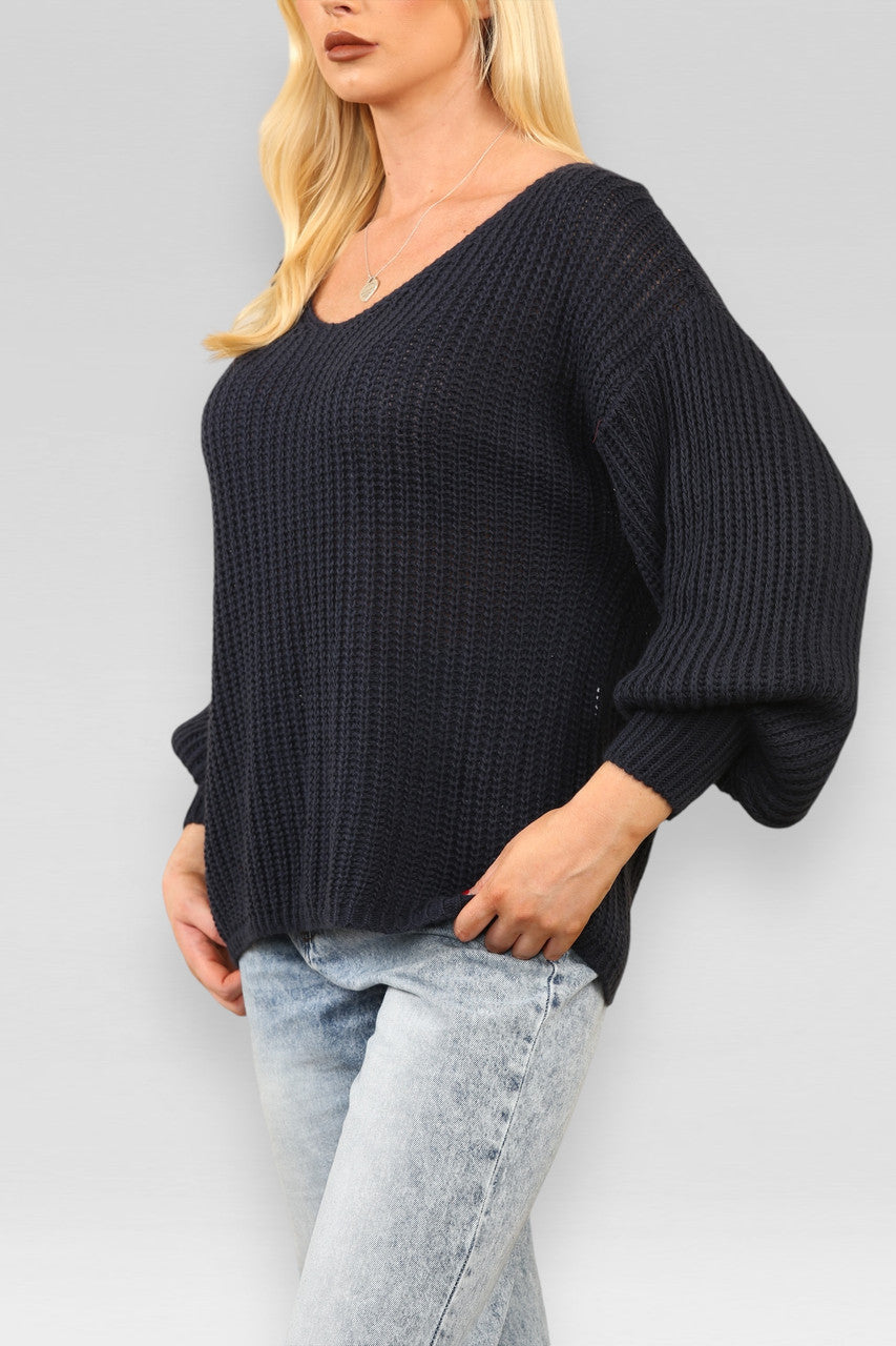 BALLOON SLEEVE CHUNKY KNIT JUMPER NAVY