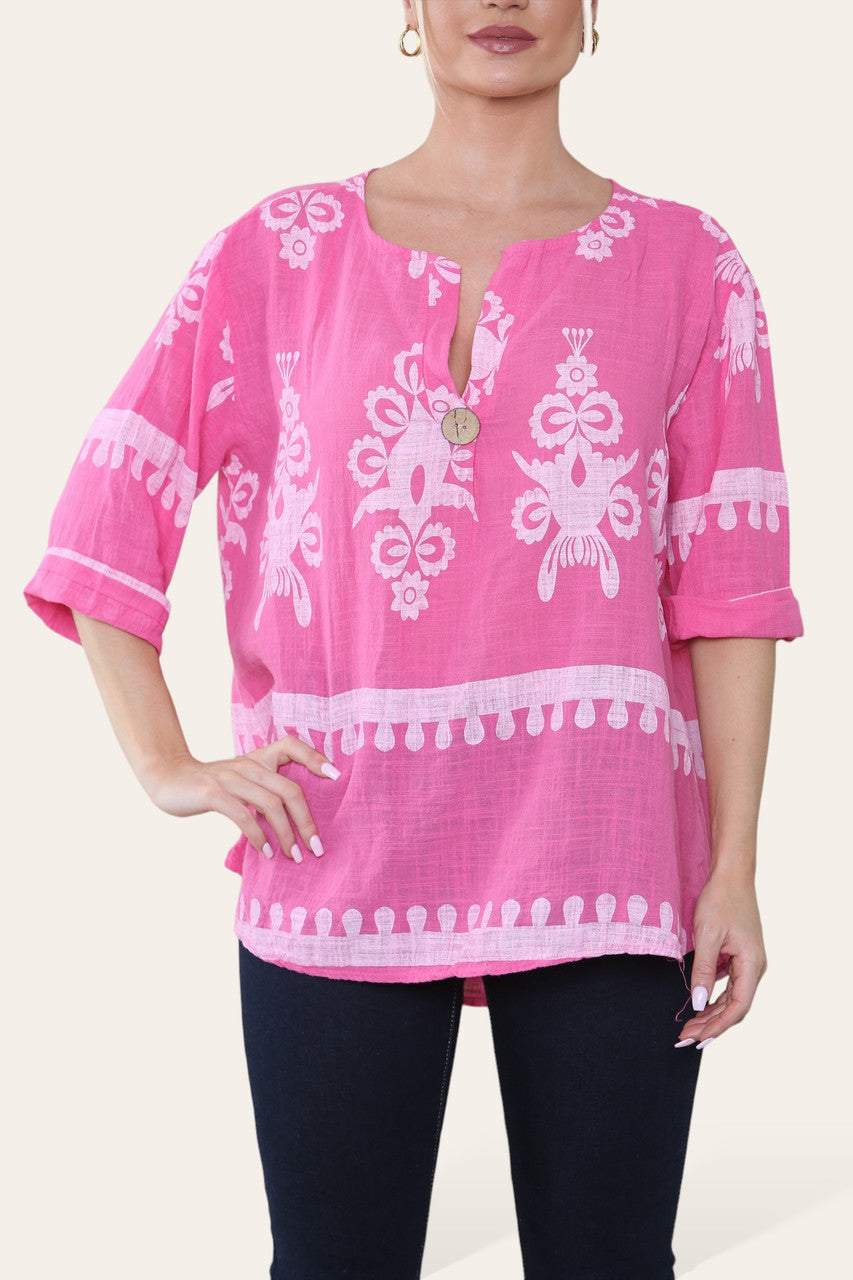 PAISLEY PRINT GRANDAD COLLAR BUTTON FRONT TOP CERISE