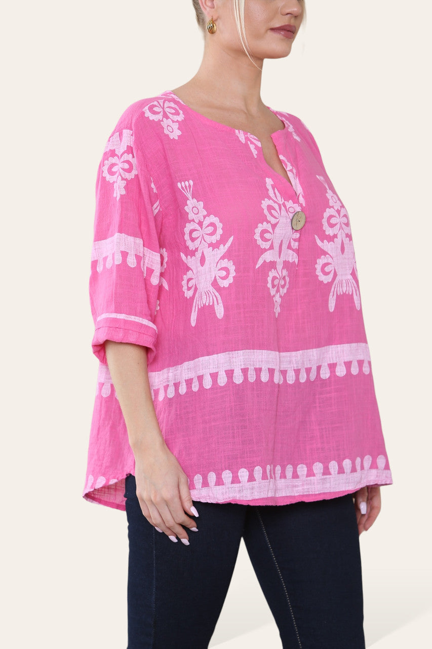 PAISLEY PRINT GRANDAD COLLAR BUTTON FRONT TOP CERISE