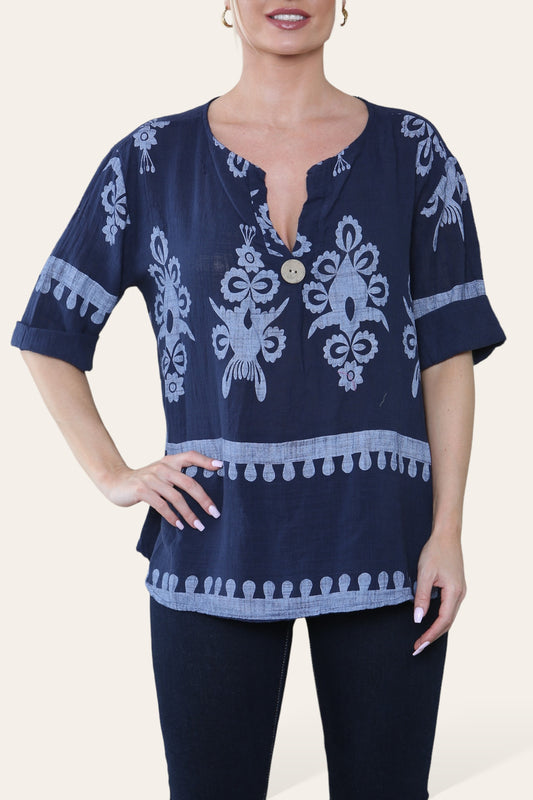 PAISLEY PRINT GRANDAD COLLAR BUTTON FRONT TOP NAVY