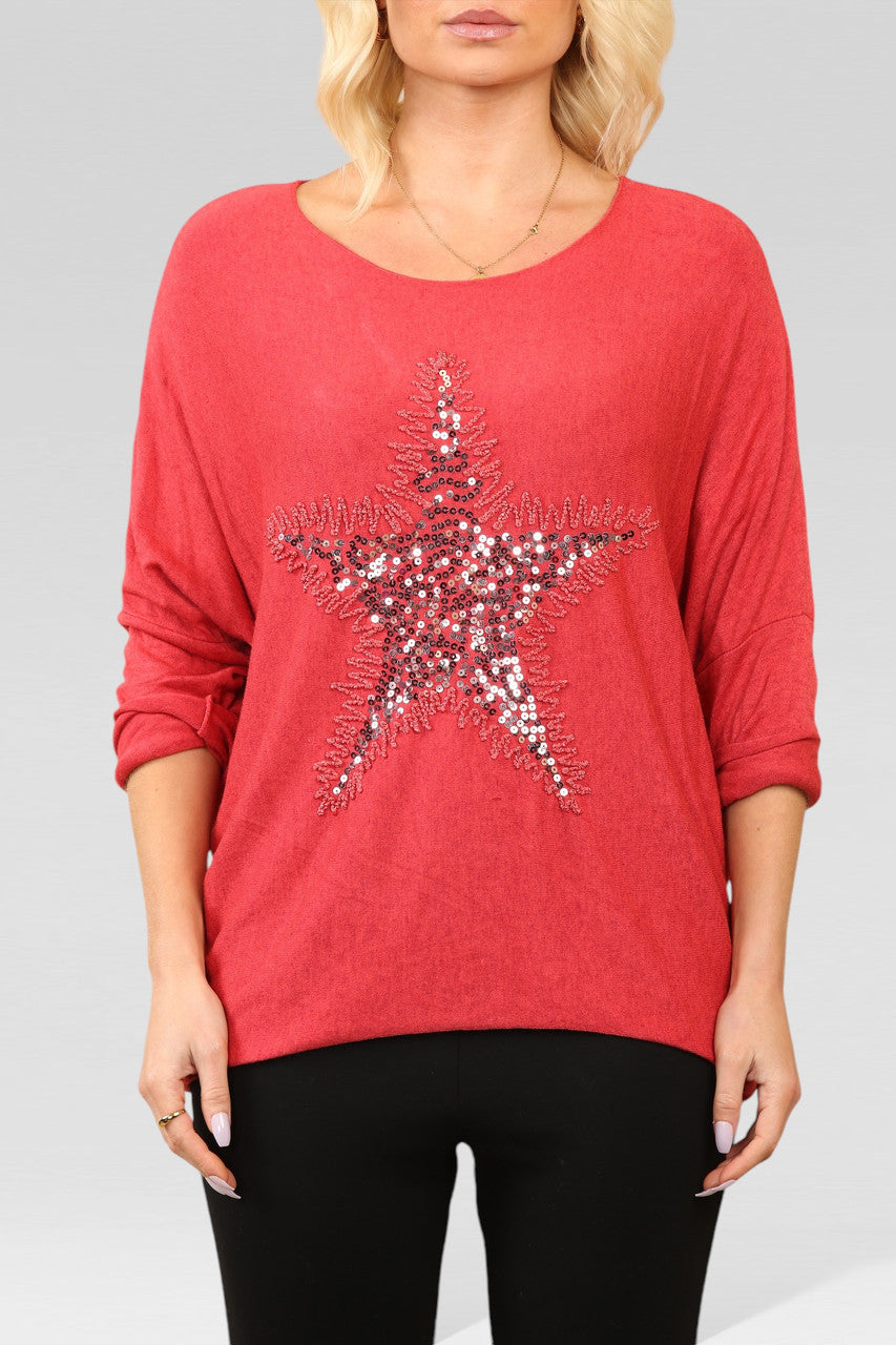 PAILLETTEN STERREN GLITTER FIJNGEBREIDE TRUI TOP ROOD
