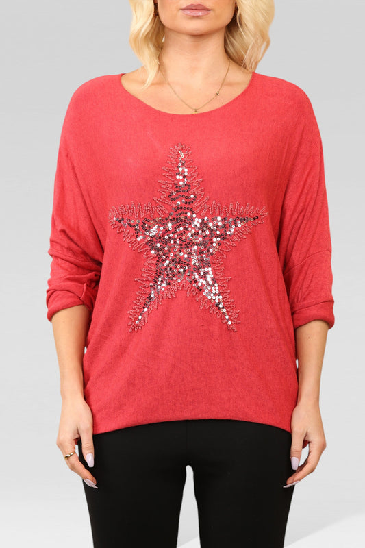 SEQUIN STAR SPARKLE FINE KNIT JUMPER TOP RED