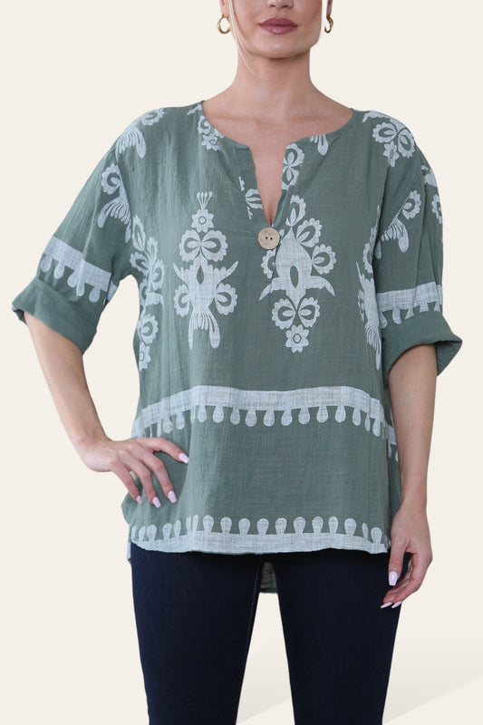 PAISLEY PRINT GRANDAD COLLAR BUTTON FRONT TOP KHAKI