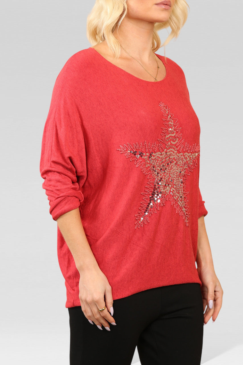 PAILLETTEN STERREN GLITTER FIJNGEBREIDE TRUI TOP ROOD