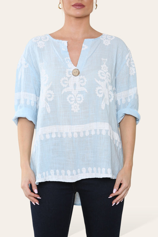 PAISLEY PRINT GRANDAD COLLAR BUTTON FRONT TOP LIGHT BLUE