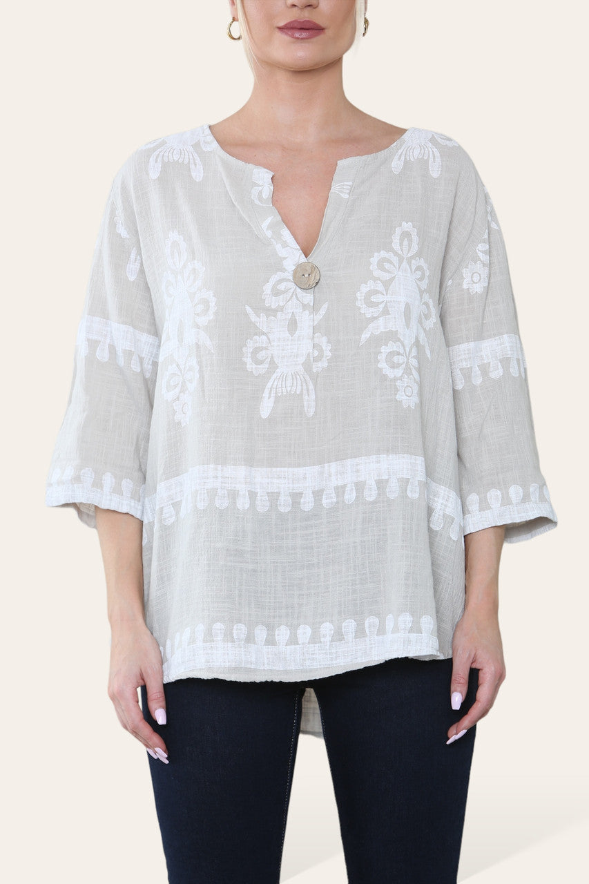PAISLEY PRINT GRANDAD COLLAR BUTTON FRONT TOP STEENKLEURIG